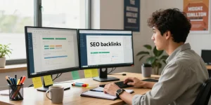 SEO backlinks analysis in a modern digital marketing office with analytical tools.