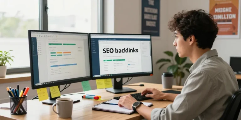 SEO backlinks analysis in a modern digital marketing office with analytical tools.