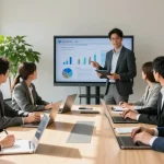 Corporate meeting at https://factors.org.uk with professionals discussing project milestones in a bright office.