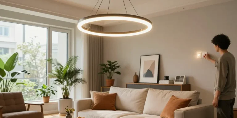 Iluminatul interior cu lustre led în living modern, creând o atmosferă primitoare.
