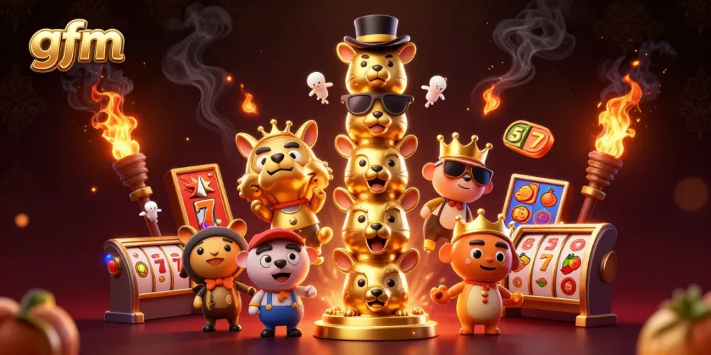 Engaging 3D illustration highlighting gfm with dynamic casino game elements and a golden totem pole.
