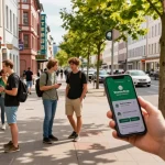 How To Buy Top Quality Marijuana In Frankfurt, Germany If You’re A Tourist? Scene of excited tourist exploring cannabis options with Weed Shop Deutschland website in vibrant Frankfurt.