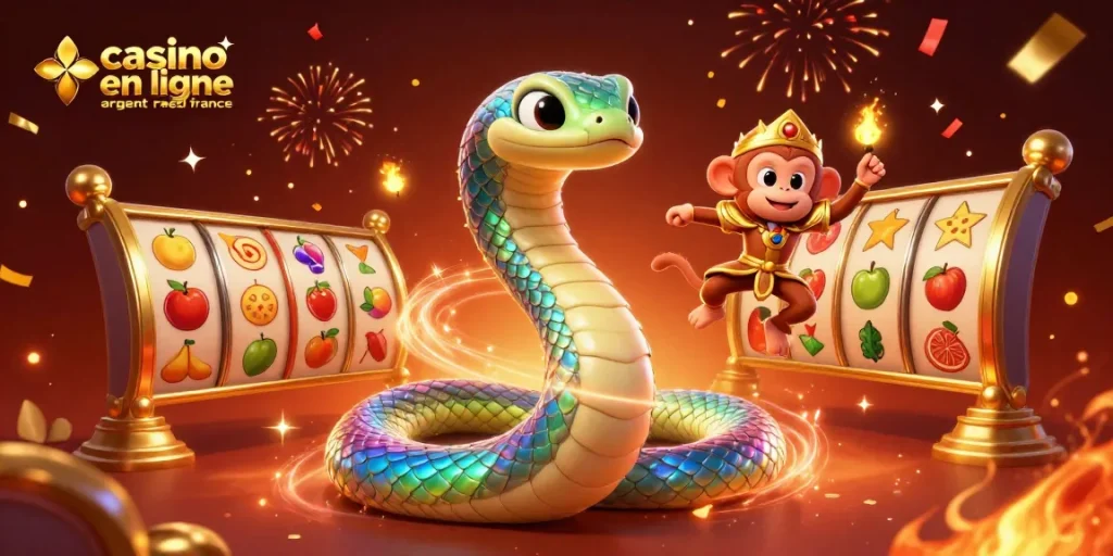Jouez sur des casinos en ligne argent réel en France avec cette illustration festive et dynamique.