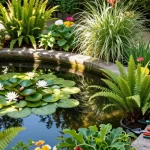 Pond Plants thriving in a tranquil backyard garden with a hobbyist maintaining them.