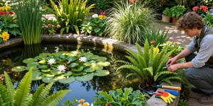 Pond Plants thriving in a tranquil backyard garden with a hobbyist maintaining them.