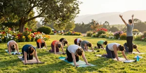 Health and wellness yoga class in serene outdoor setting promoting mindfulness and tranquility.