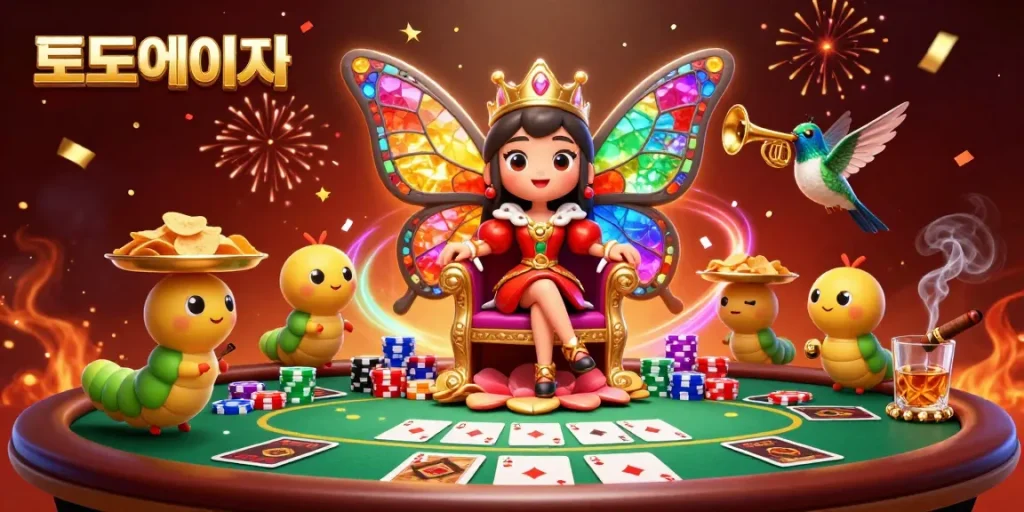 Engage with top 토토사이트 as a colorful queen presides over a vibrant poker scene.