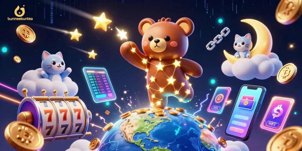 Putaran gulungan slot dan koin digital menghiasi ilustrasi bunmeebuntea yang penuh warna