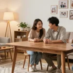 Buying used furniture في الرياض with family examining items in a cozy living room.