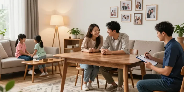Buying used furniture في الرياض with family examining items in a cozy living room.