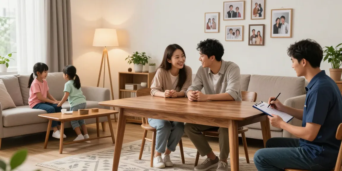 Buying used furniture في الرياض with family examining items in a cozy living room.