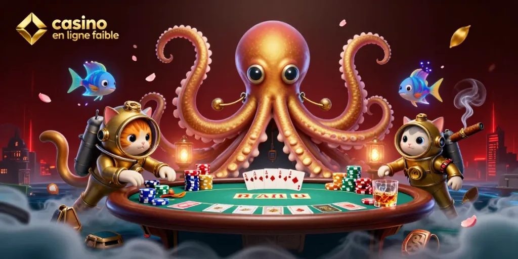Cette illustration montre un kraken doré et un chat plongeur, représentant un casino en ligne fiable plein d'énergie et de détails.
