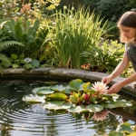 Pond Plants enthusiasts examining vibrant water lilies in a serene home garden pond.