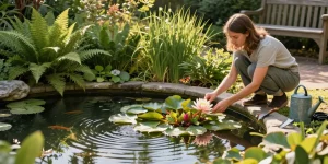 Pond Plants enthusiasts examining vibrant water lilies in a serene home garden pond.