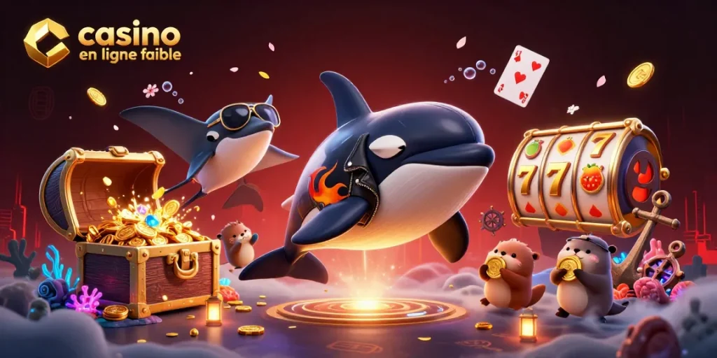 Illustration d'une orque en veste en cuir représentée avec des pièces d'or, illustrant un casino en ligne fiable.