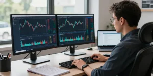 Expert using MT5 software on dual monitors for market analysis and trading.