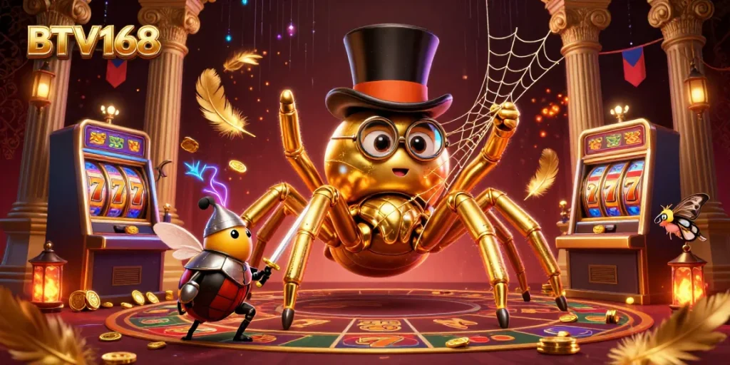 BTV168 features a lively 3D casino scene with characters engaged in a thrilling gambling adventure.
