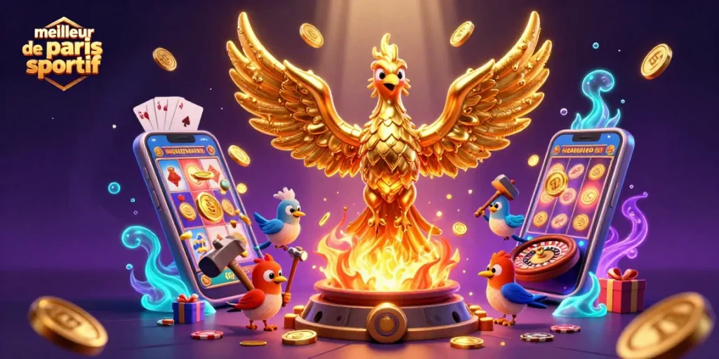 Visuel captivant du meilleur site de paris sportif avec un phoenix doré et des jeux de casino en animation.