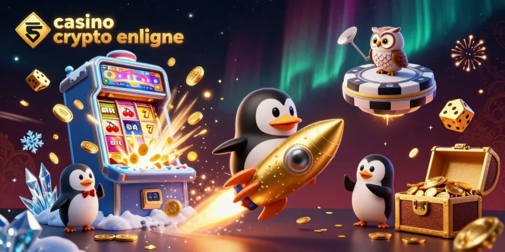 Les joueurs découvrent les jeux sur un casino crypto en ligne avec une ambiance festive et colorée.