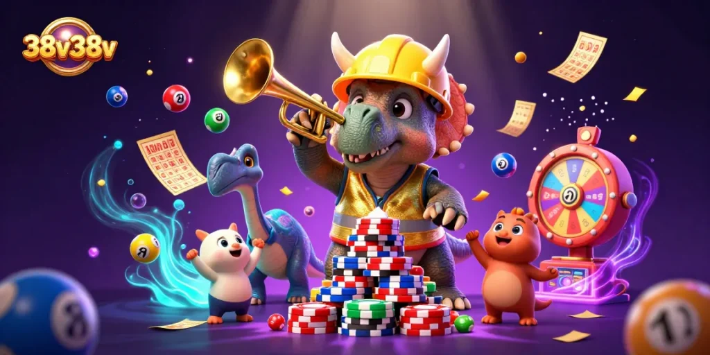 Aposte com o 38v38v em uma cena vibrante de dinossauros celebrando com fichas de poker e elementos de loteria.
