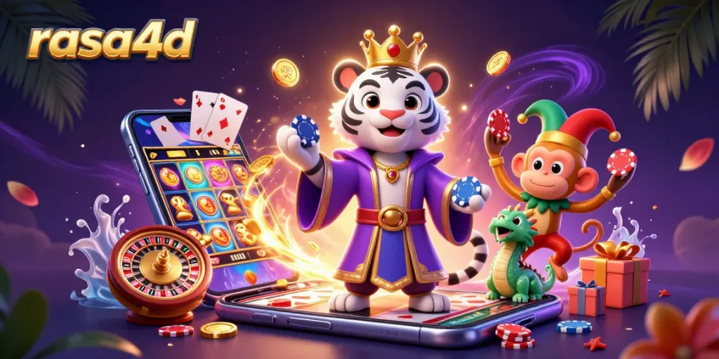Rasa4d menghadirkan gambar kartun 3D dengan harimau putih elegan dan berbagai elemen judi.