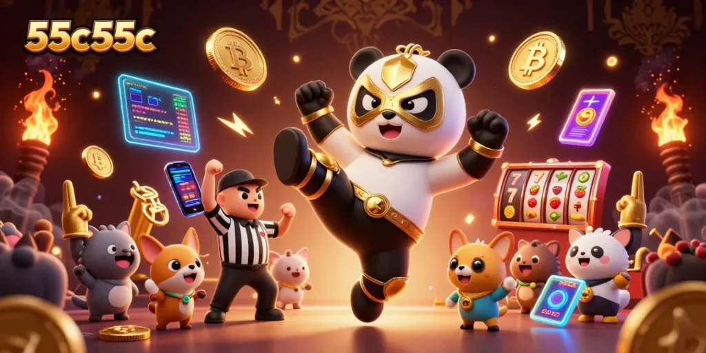 Ilustração 3D animada de panda lutador em ação com elementos de cassino 55c55c e símbolos de caça-níqueis.