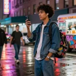 Dynamic urban scene of stylish individual in سكس زنوج showing vibrant nightlife.
