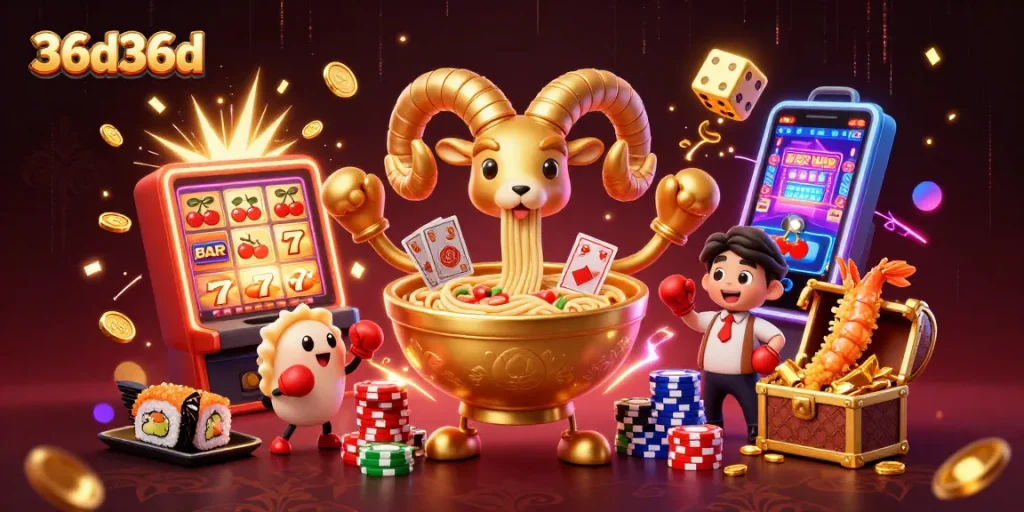 Aumente suas chances no 36d36d com um divertido cenário de cassino, apresentando um impressionante bolo de ramen dourado e personagens animados.