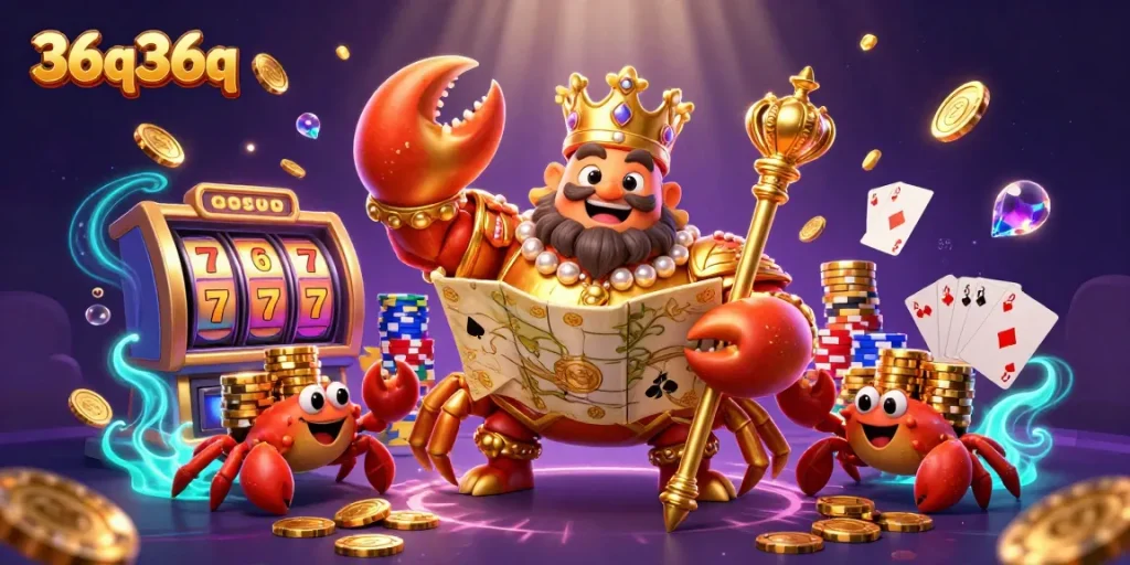 Ilustração 3D vibrante do imperador caranguejo dourado em ação na 36q36q, cercado por fichas e pedras preciosas.