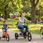 Families and individuals enjoying tricycles in a sunny park, showcasing the joy of cycling.