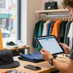 Fashionable individual exploring the Kakobuy spreadsheet while shopping in a vibrant urban boutique.