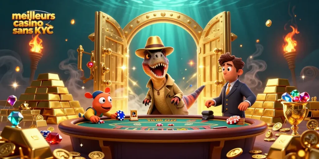 Illustration dynamique d'un velociraptor aux casinos montrant les meilleurs casinos sans KYC avec des trésors étincelants.