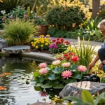 Pond plants flourishing around a tranquil garden pond with vibrant water lilies enhancing natural beauty.
