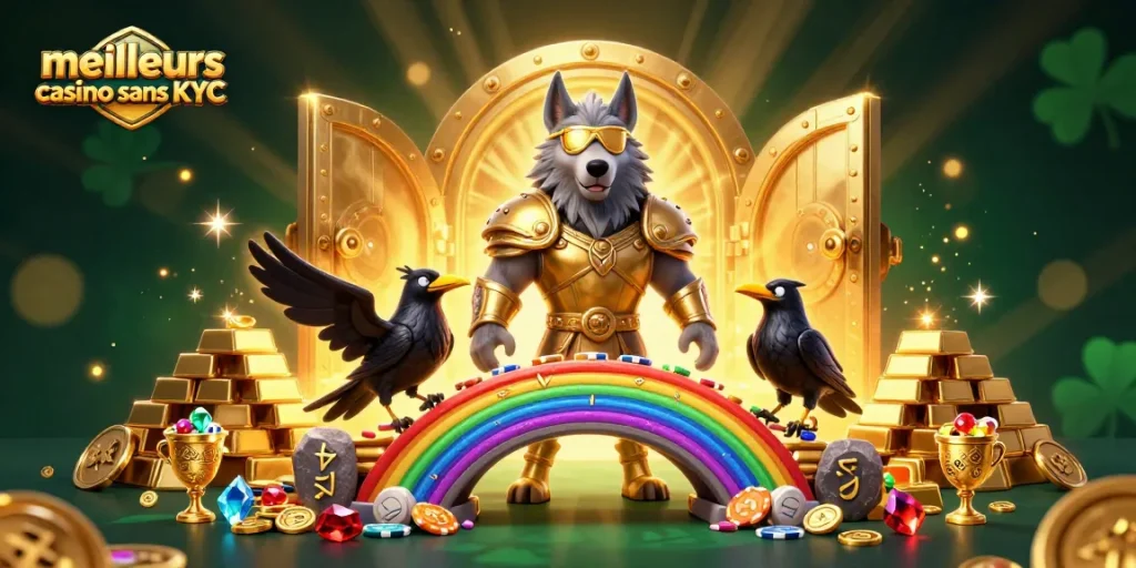 Meilleurs casino sans KYC, illustration dynamique avec Odin et ses corbeaux, trésors et effets lumineux.