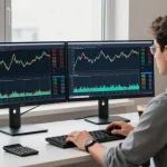 Traders working with MetaTrader 4 on dual monitors showcasing forex charts and analytics in a modern office.