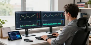 Traders working with MetaTrader 4 on dual monitors showcasing forex charts and analytics in a modern office.