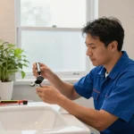 Reliable plumber in Northampton installing modern bathroom sink, showcasing quality plumbing services at home.