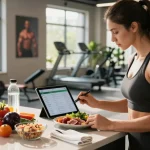 Dedicated user logging food on the best macro tracker app in a modern gym, vibrant ingredients and nutrition-focused atmosphere.