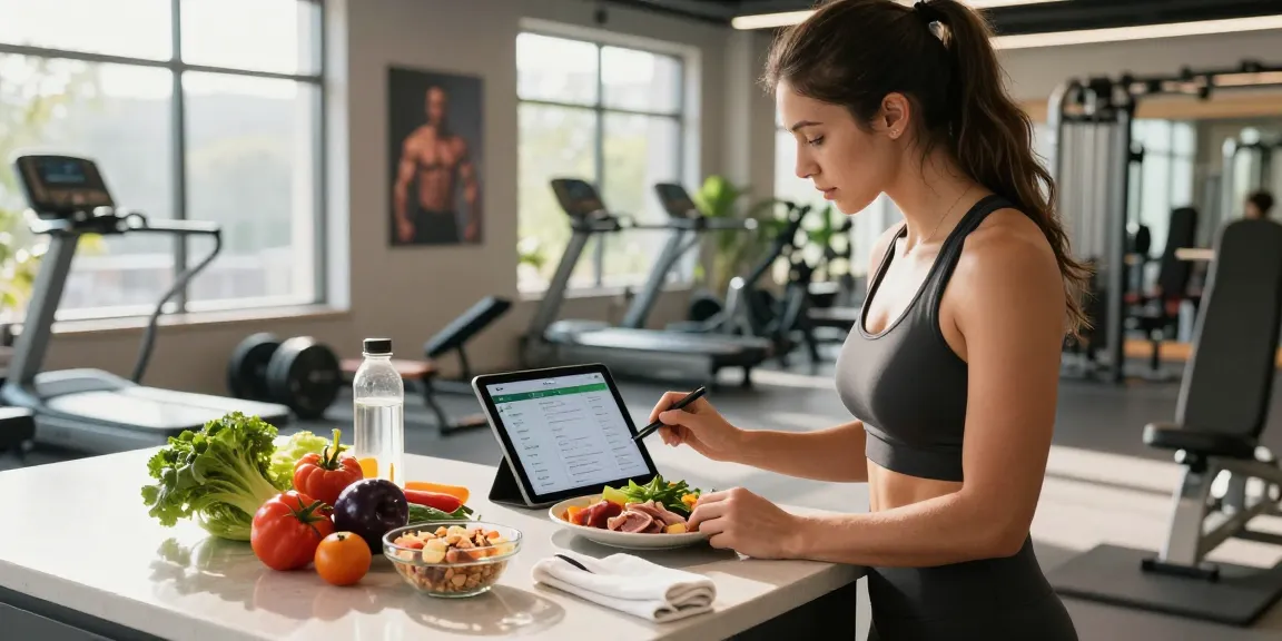 Dedicated user logging food on the best macro tracker app in a modern gym, vibrant ingredients and nutrition-focused atmosphere.